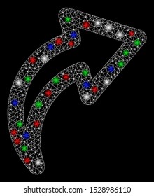 Bright mesh redo with lightspot effect. White wire carcass triangular mesh in vector format on a black background. Abstract 2d mesh designed with triangular lines, round dots, colored flash spots.