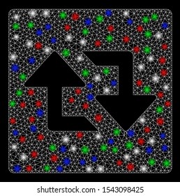 Bright mesh refresh arrows with glare effect. White wire frame polygonal mesh in vector format on a black background. Abstract 2d mesh designed with polygonal grid, round dots, colored flare spots.