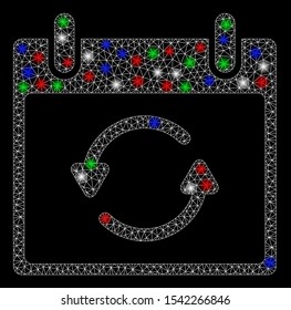 Bright mesh refresh calendar day with lightspot effect. White wire frame polygonal mesh in vector format on a black background. Abstract 2d mesh designed with polygonal grid, small circle,