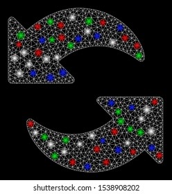 Bright mesh refresh with glare effect. White wire frame polygonal mesh in vector format on a black background. Abstract 2d mesh designed with polygonal grid, points, colorful light spots.