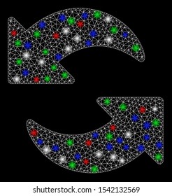 Bright mesh refresh with glare effect. White wire frame triangular mesh in vector format on a black background. Abstract 2d mesh designed with polygonal grid, dots, colorful glare spots.