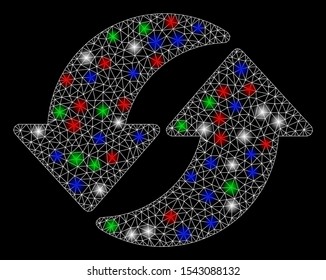 Bright mesh refresh with glare effect. White wire carcass polygonal mesh in vector format on a black background. Abstract 2d mesh designed with polygonal grid, spheric points, colorful flash spots.