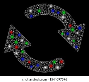 Bright mesh refresh with glare effect. White wire carcass polygonal mesh in vector format on a black background. Abstract 2d mesh designed with triangles, round dots, colored glare spots.