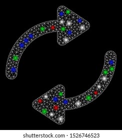 Bright mesh refresh with glow effect. White wire carcass triangular mesh in vector format on a black background. Abstract 2d mesh designed with triangular lines, round dots, colored light spots.