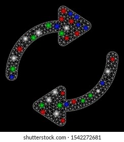 Bright mesh refresh with glow effect. White wire frame polygonal network in vector format on a black background. Abstract 2d mesh designed with polygonal grid, dots, colorful flash spots.