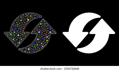 Bright mesh refresh icon with lightspot effect. Abstract illuminated model of refresh. Shiny wire frame triangular mesh refresh icon. Vector abstraction on a black background.
