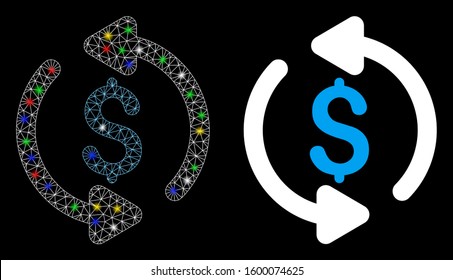 Bright mesh refresh price icon with glare effect. Abstract illuminated model of refresh price. Shiny wire frame polygonal mesh refresh price icon. Vector abstraction on a black background.