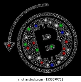 Bright mesh refund Bitcoin cash with lightspot effect. White wire carcass polygonal network in vector format on a black background. Abstract 2d mesh designed with polygonal grid, spheric points,