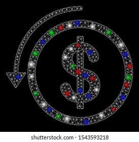 Bright mesh refund with glare effect. White wire carcass triangular mesh in vector format on a black background. Abstract 2d mesh built from triangles, points, colored flare spots.