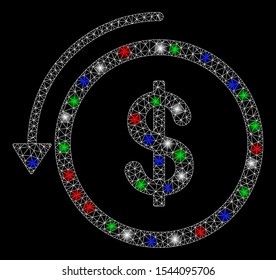 Bright mesh refund with glare effect. White wire frame polygonal network in vector format on a black background. Abstract 2d mesh designed with polygonal grid, small circle, colorful glare spots.