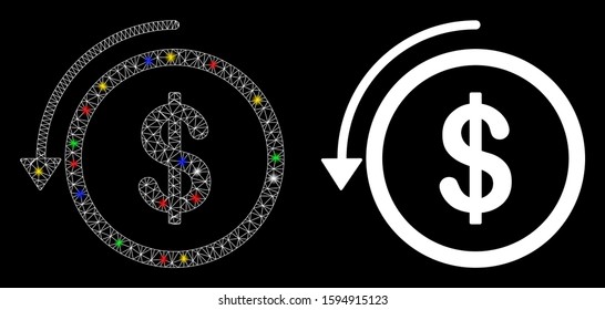 Bright mesh refund icon with lightspot effect. Abstract illuminated model of refund. Shiny wire frame triangular mesh refund icon. Vector abstraction on a black background.