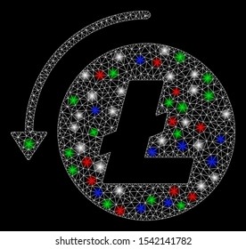 Bright mesh refund Litecoin with glow effect. White wire frame polygonal network in vector format on a black background. Abstract 2d mesh designed with polygonal grid, points, colored light spots.