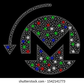 Bright mesh refund Monero with glow effect. White wire carcass triangular mesh in vector format on a black background. Abstract 2d mesh designed with polygonal grid, round dots, colored light spots.