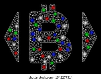 Bright mesh regulate Bitcoin price with glare effect. White wire carcass polygonal mesh in vector format on a black background. Abstract 2d mesh designed with polygonal grid, dots,