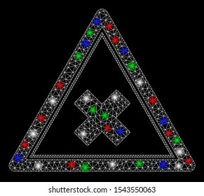 Bright mesh reject triangle with glare effect. White wire carcass polygonal mesh in vector format on a black background. Abstract 2d mesh designed with triangular lines, round dots,