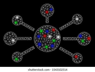 Bright mesh relation links with lightspot effect. White wire carcass polygonal mesh in vector format on a black background. Abstract 2d mesh designed with triangles, dots, colored flash spots.