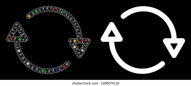 Bright mesh reload icon with lightspot effect. Abstract illuminated model of reload. Shiny wire carcass polygonal mesh reload icon. Vector abstraction on a black background.