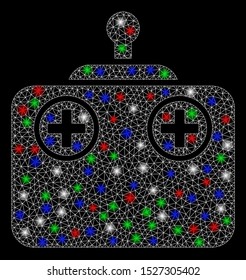 Bright mesh remote control device with glow effect. White wire frame triangular mesh in vector format on a black background. Abstract 2d mesh designed with triangular lines, dots, colored flare spots.