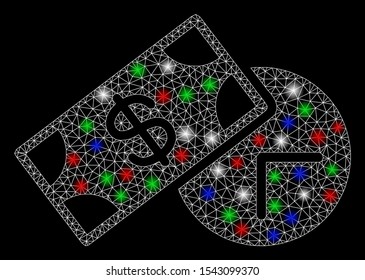 Bright mesh rent time with glare effect. White wire frame polygonal mesh in vector format on a black background. Abstract 2d mesh created from polygonal grid, dots, colored flash spots.
