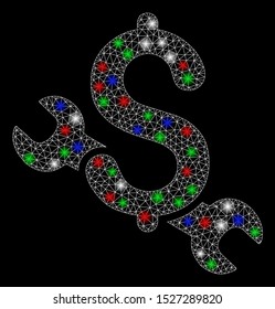 Bright mesh repair price with glow effect. White wire frame triangular mesh in vector format on a black background. Abstract 2d mesh designed with triangular lines, small circle, colored flare spots.