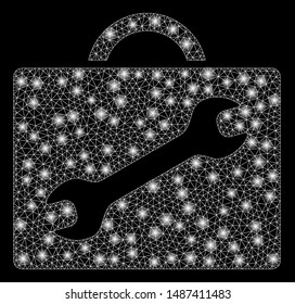 Bright mesh repair tools with glare effect. Abstract illuminated model of repair tools icon. Shiny wire carcass triangular mesh repair tools. Vector abstraction on a black background.