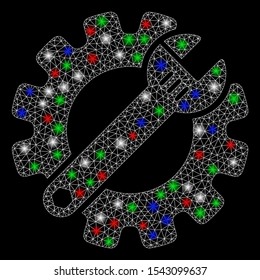 Bright mesh repair tools with glow effect. White wire frame triangular mesh in vector format on a black background. Abstract 2d mesh built from triangular lines, small circle, colored glare spots.