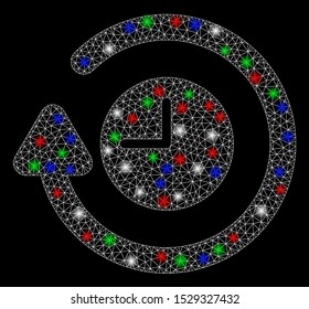 Bright mesh repeat clock with lightspot effect. White wire carcass triangular network in vector format on a black background. Abstract 2d mesh designed with triangular lines, dots,
