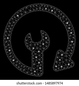 Bright mesh repeat service with glare effect. Abstract illuminated model of repeat service icon. Shiny wire frame triangular mesh repeat service. Vector abstraction on a black background.