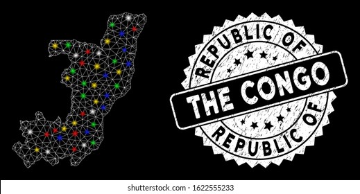 Bright mesh Republic of the Congo map with glare effect, and seal. Wire carcass polygonal Republic of the Congo map mesh in vector format on a black background.