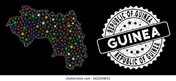 Bright mesh Republic of Guinea map with glow effect, and seal stamp. Wire frame triangular Republic of Guinea map network in vector format on a black background.