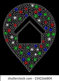 Bright mesh residence marker with lightspot effect. White wire frame triangular mesh in vector format on a black background. Abstract 2d mesh designed with triangular lines, dots,
