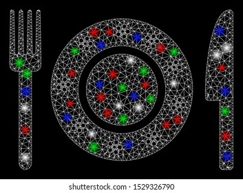Bright mesh restaurant tableware with lightspot effect. White wire carcass polygonal mesh in vector format on a black background. Abstract 2d mesh designed with polygonal grid, small circle,