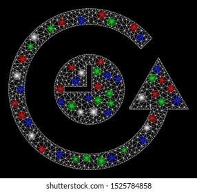 Bright mesh restore clock with glare effect. White wire frame polygonal mesh in vector format on a black background. Abstract 2d mesh designed with triangles, dots, colored glare spots.