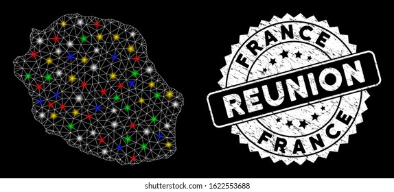 Bright mesh Reunion Island map with lightspot effect, and watermark. Wire carcass triangular Reunion Island map network in vector format on a black background.