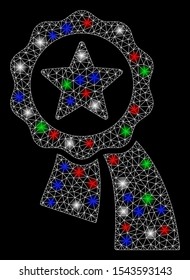 Bright mesh reward badge with lightspot effect. White wire carcass polygonal mesh in vector format on a black background. Abstract 2d mesh designed with polygonal grid, spheric points,