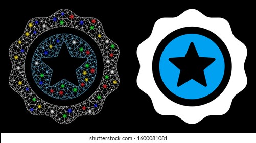 Bright mesh reward seal icon with glare effect. Abstract illuminated model of reward seal. Shiny wire frame polygonal mesh reward seal icon. Vector abstraction on a black background.