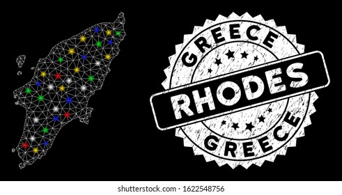 Bright mesh Rhodes Island map with glow effect, and seal stamp. Wire carcass polygonal Rhodes Island map mesh in vector format on a black background. White round seal stamp with grunge textures.