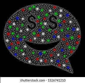 Bright mesh rich smiley message with glare effect. White wire frame polygonal mesh in vector format on a black background. Abstract 2d mesh designed with polygonal grid, points, colored light spots.