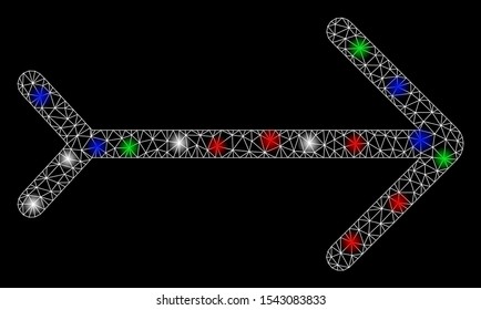 Bright mesh right direction with glow effect. White wire carcass polygonal mesh in vector format on a black background. Abstract 2d mesh designed with polygonal grid, spheric points,
