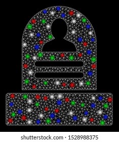 Bright mesh RIP monument with glare effect. White wire frame triangular mesh in vector format on a black background. Abstract 2d mesh created from triangles, round dots, colored glare spots.