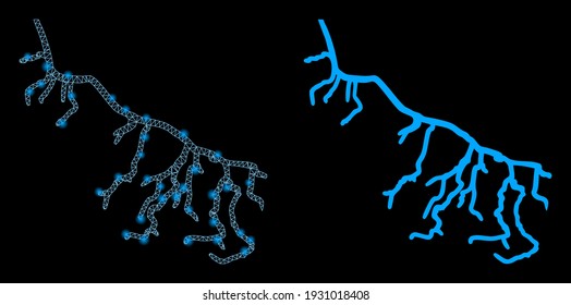 Bright mesh river with glare effect. Abstract illuminated model based on river icon. Shiny wire carcass triangular mesh river. Vector abstraction on a black background.