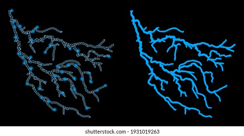 Bright mesh river with glare effect. Abstract illuminated model based on river icon. Shiny wire frame polygonal mesh river. Vector abstraction on a black background.