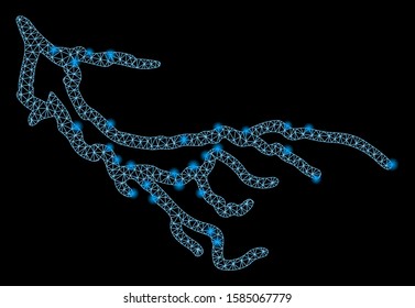 Bright mesh river with glow effect. Abstract illuminated model of river icon. Shiny wire frame triangular mesh river. Vector abstraction on a black background.