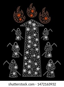 Bright mesh road to hell fire with glow effect. Abstract illuminated model of road to hell fire icon. Shiny wire carcass triangular network road to hell fire. Vector abstraction on a black background.