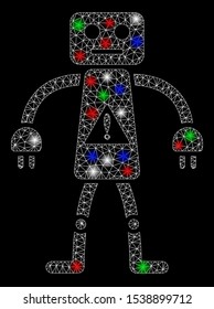 Bright mesh robot danger with glow effect. White wire frame polygonal mesh in vector format on a black background. Abstract 2d mesh designed with polygonal grid, small circle, colored flare spots.