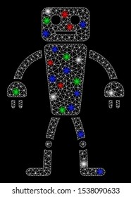 Bright mesh robot with glare effect. White wire carcass polygonal mesh in vector format on a black background. Abstract 2d mesh created from polygonal grid, round dots, colorful flash spots.