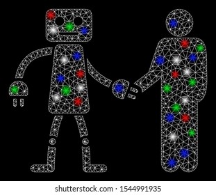 Bright mesh robot human handshake with lightspot effect. White wire carcass triangular mesh in vector format on a black background. Abstract 2d mesh designed with triangles, dots, colored light spots.