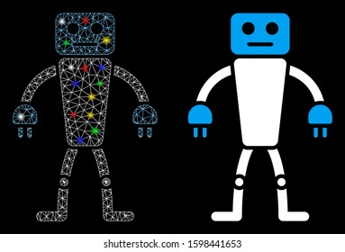 Bright mesh robot icon with sparkle effect. Abstract illuminated model of robot. Shiny wire frame triangular mesh robot icon. Vector abstraction on a black background.