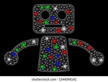 Bright mesh robot with lightspot effect. White wire carcass triangular mesh in vector format on a black background. Abstract 2d mesh designed with triangular lines, small circle, colorful glare spots.