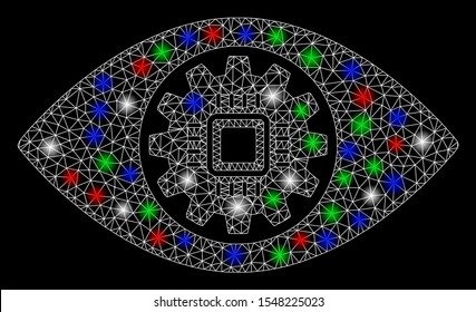 Bright mesh robotics eye lens with lightspot effect. White wire frame triangular mesh in vector format on a black background. Abstract 2d mesh designed with triangular lines, points,